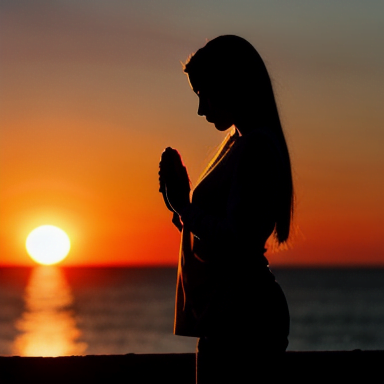 Mulher fiel orando no pôr do sol