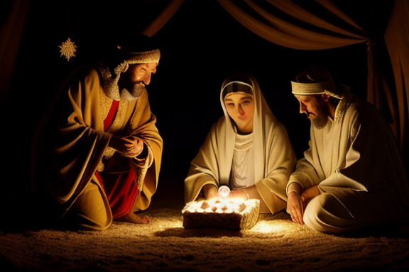 Os Três Reis Magos apresentando presentes ao bebê Jesus; uma cena da história do nascimento de Jesus