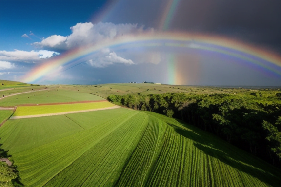 A rainbow spanning across a green landscape