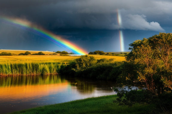 Arco-íris brilhante sobre uma paisagem serena