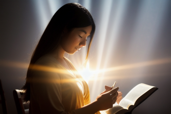 Person reading the Bible with rays of light